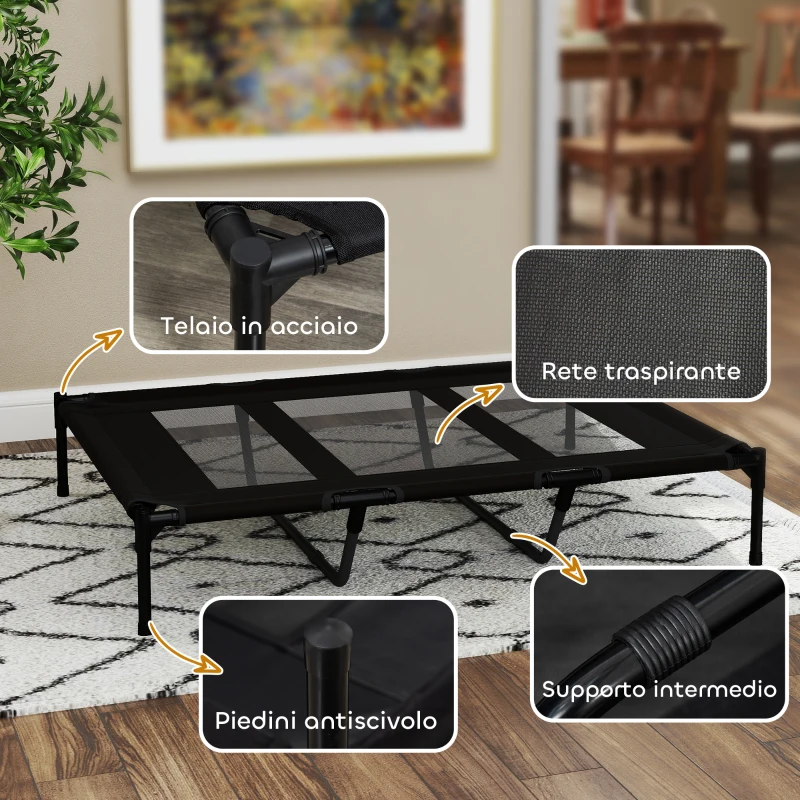 PawHut Lettino per Cani Rialzato con Borsa da Viaggio, in Metallo e Tessuto Oxford, 122x92x23 cm, Nero