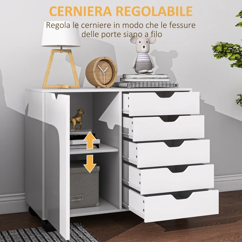 HOMCOM Mobile Laterale con 5 Cassetti, Armadietto con Ripiano Regolabile, Mobiletto da Ufficio su Ruote, Supporto per Stampante per Ufficio Domestico, Bianco