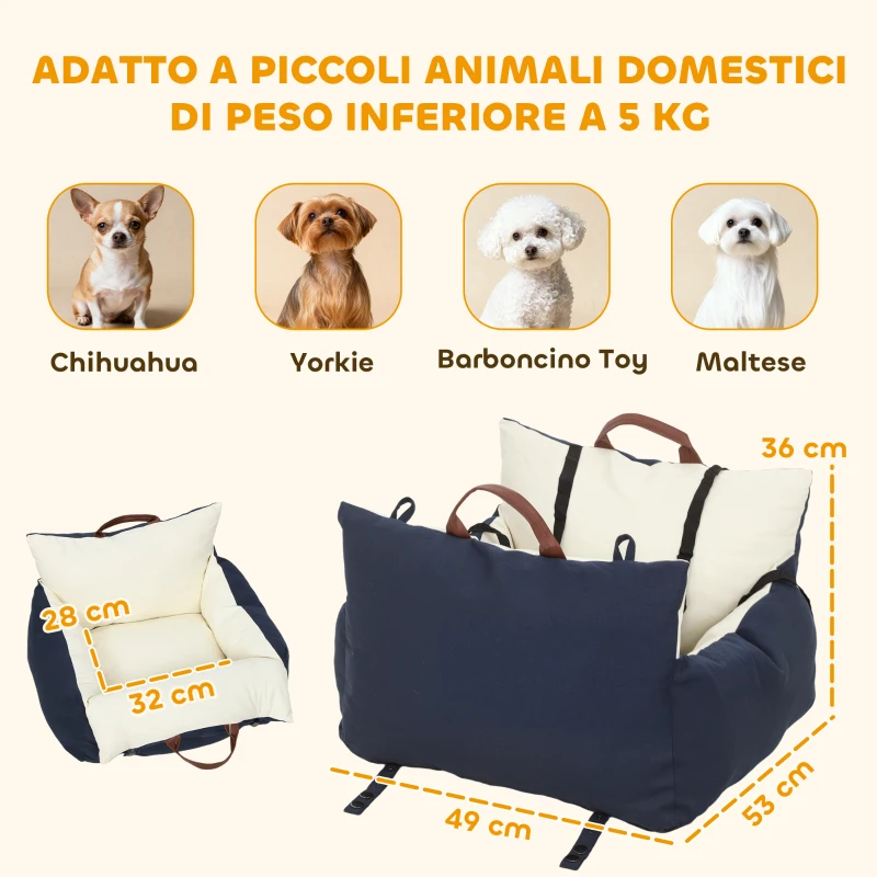 PawHut Seggiolino Auto per Cani Piccoli con Guinzaglio di Sicurezza, Sfoderabile e Lavabile, Blu