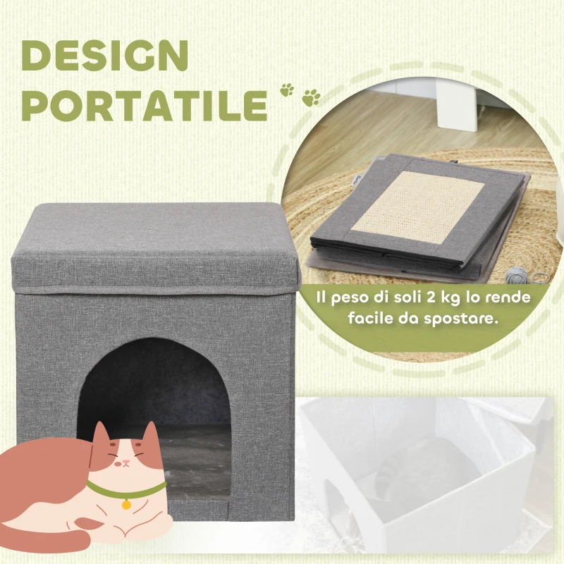 PawHut Casetta per Gatti Pieghevole a Cubo con Cuscino e Tappetino Tiragraffi, 36.5x36.5x36.5 cm, Grigio