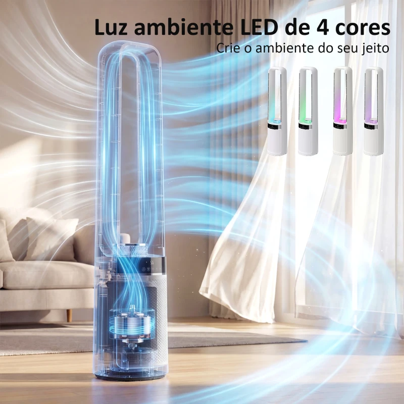 HOMCOM Ventoinha de Torre Silenciosa sem Hélices com Luzes LED de 4 Cores Temporizador de 12 horas Branco