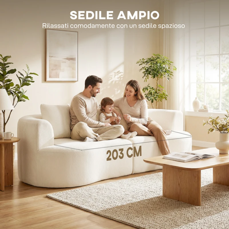 HOMCOM Divano modulare 3 posti con seduta ampia e cuscini in chenille, 260 cm, Crema