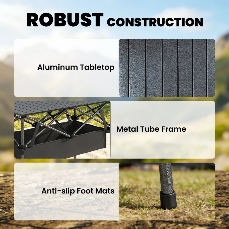 Outsunny Składany, zwijany stół piknikowy, przenośny stół kempingowy z siatką i torbą transportową, na zewnątrz, czarny