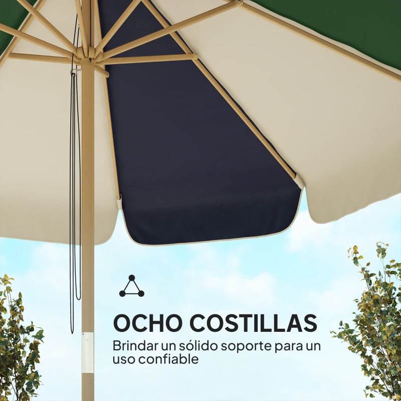 Outsunny Sombrilla Terraza Exterior Ø2,3 m con Marco de Efecto Madera Polea con Cuerda Dosel Bicolor UPF30+ Verde Oscuro
