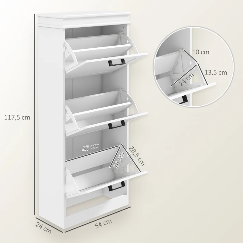 HOMCOM Zapatero Estrecho con 3 Puertas Abatibles Estantes Ajustables para 15 Pares de Zapatos Blanco