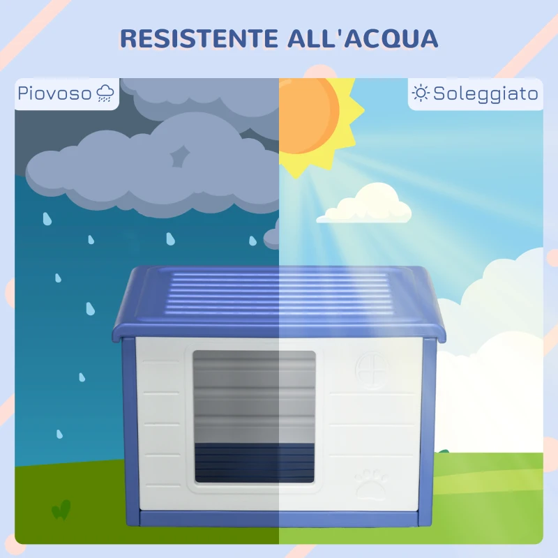 PawHut Cuccia per Cani Taglia Piccola da Esterno in PE con Ingresso e 2 Prese d'Aria Laterali, 60x42x40 cm, Blu e Bianco