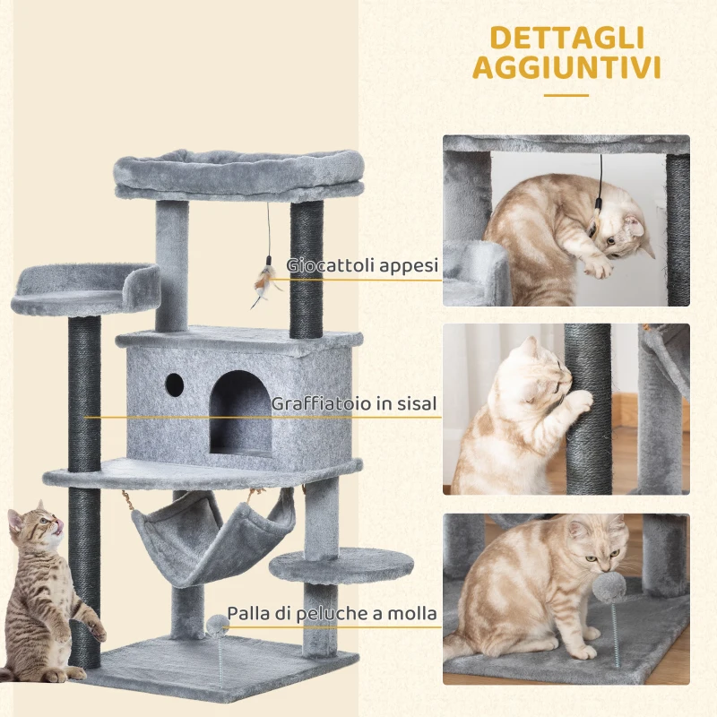 PawHut Albero Tiragraffi per Gatti con Palo, Casetta, Letto, Amaca e 2 Giochi in Legno e Peluche, 48x48x107 cm, Grigio