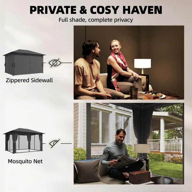 Outsunny Altana ok. 4x3m Wodoodporna Stabilna Zimowa Altana z Moskitierą, 4 ścianami, wentylacją i otworami odpływowymi