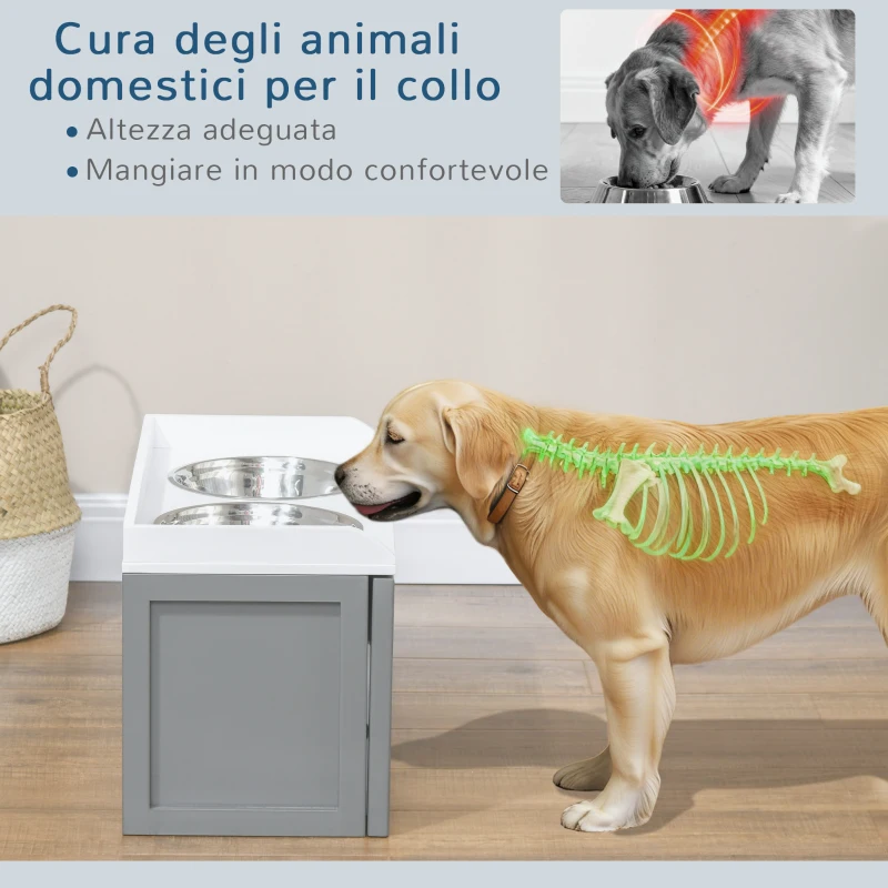 PawHut Ciotole per Cani Rialzate in Acciaio Inox e Legno con Cassetto, 60x30x36cm, Grigio