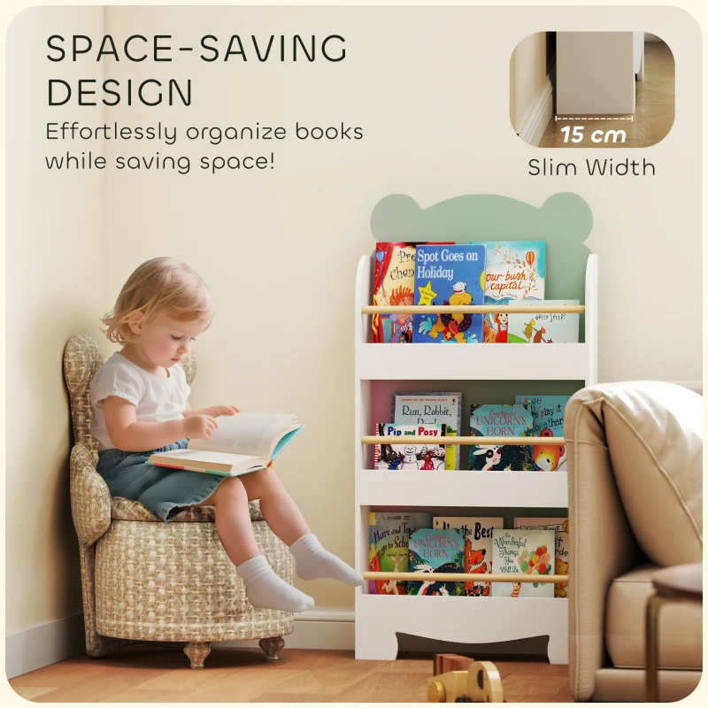 AIYAPLAY Regał na książki dla dzieci, 3-poziomowy regał z motywem misia do książek i zabawek, 55 x 15 x 110 cm, zielony