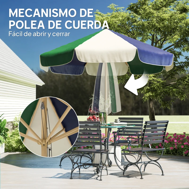 Outsunny Sombrilla Terraza Exterior Ø2,3 m con Marco de Efecto Madera Polea con Cuerda Dosel Bicolor UPF30+ Verde Oscuro