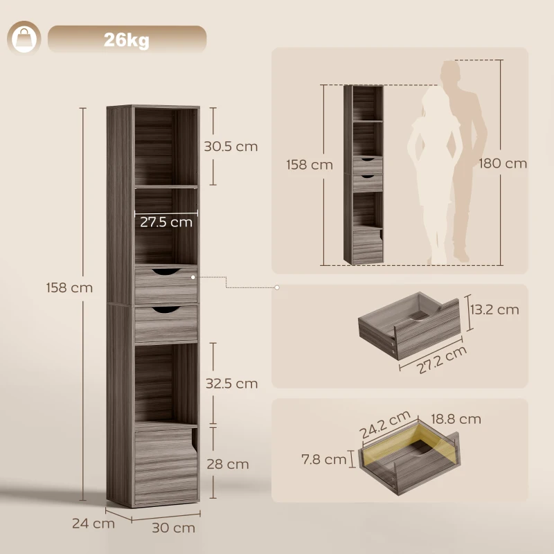 HOMCOM Bookcase with Drawers Adjustable Shelf Bookshelf with 2 Drawers and Cabinet 158 cm Grey