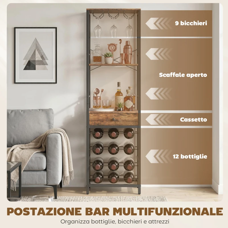 HOMCOM Mobile Bar, Mobile da Bar con Cassetto, Portabicchieri, Marrone Rustico