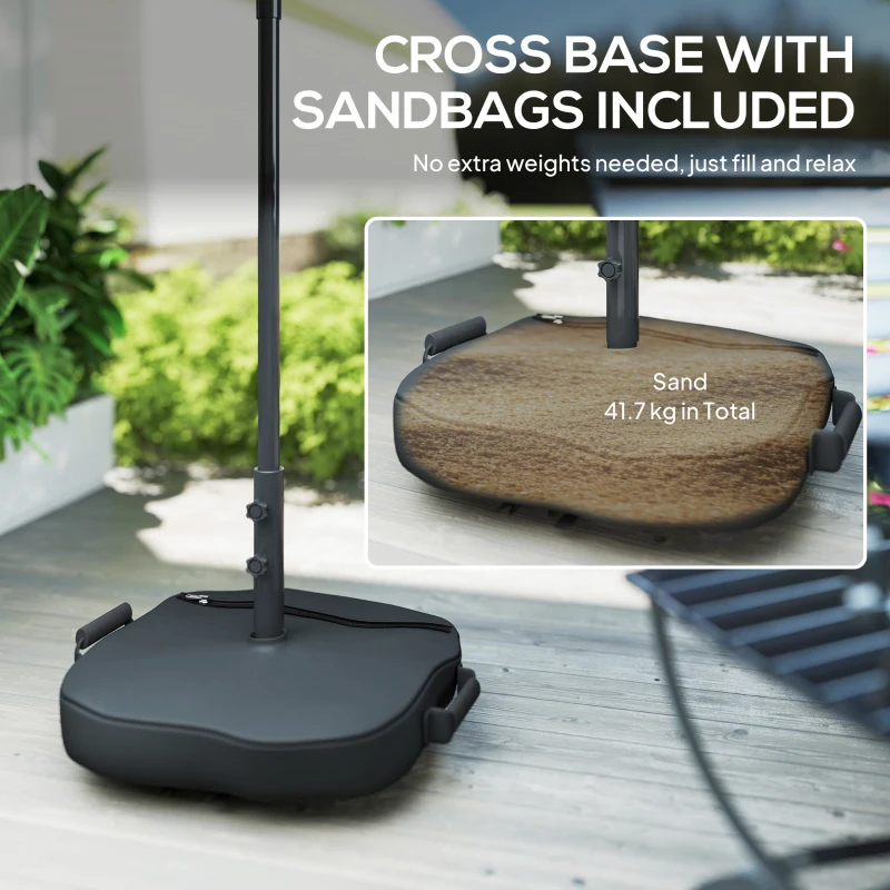 Outsunny 2.7 m Garden Parasol Umbrella with Cross Base and Sandbag, Retractable Ribs, Outdoor Table Market Umbrella, Cream White