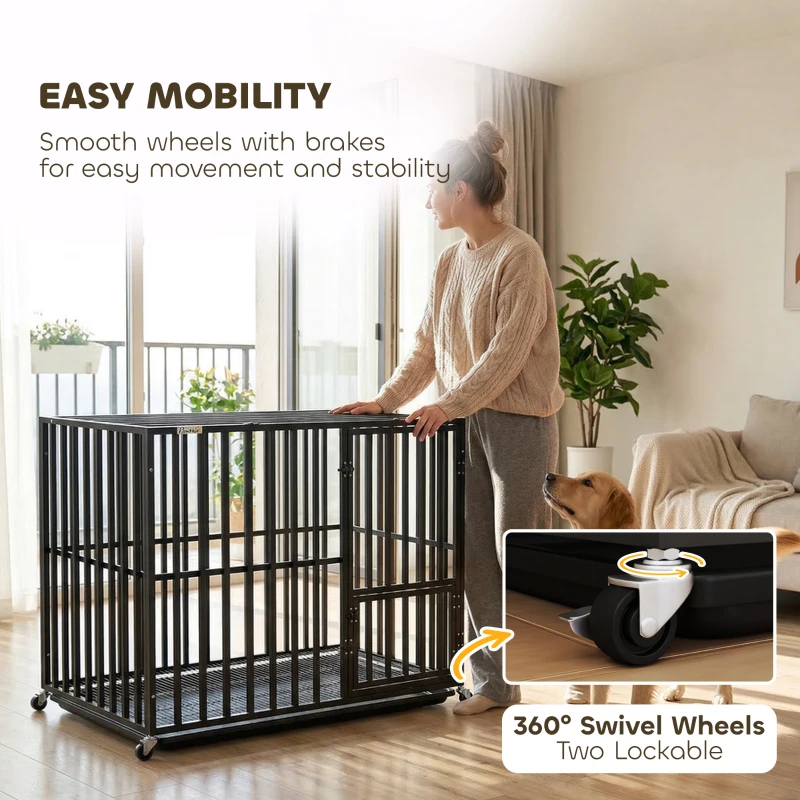 PawHut Heavy Duty Dog Crate, Dog Cage with Wheels for Medium Large Breeds, Metal Pet Kennel with Removable Tray