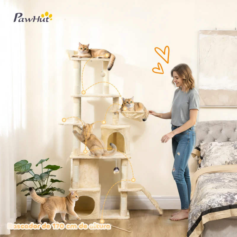 PawHut Árbol Rascador para Gatos Grande Altura 170 cm con 7 Postes 1 Túnel 3 Plataformas 2 Cuevas 1 Hamaca Beige