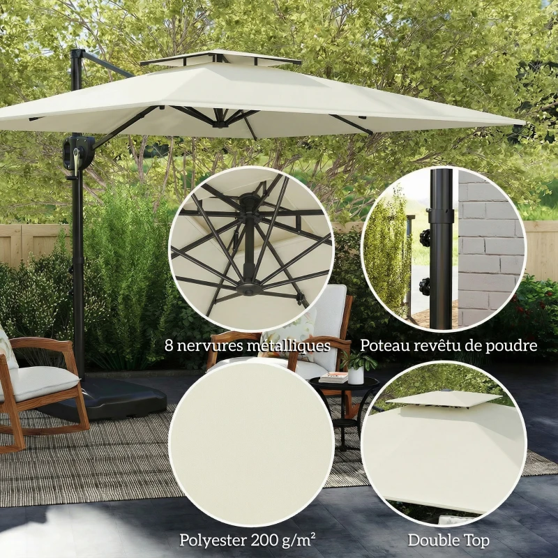 Outsunny Parasol déporté carré 2,5 x 2,5 m, parasol de jardin extérieur, Double Toit, inclinable, 2 bases, manivelle, Crème