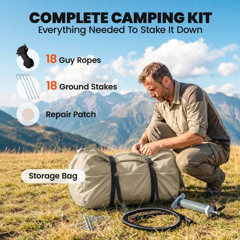 Outsunny 4-Season Inflatable Camping Tent, Waterproof 3000mm, Khaki, with Air Pump