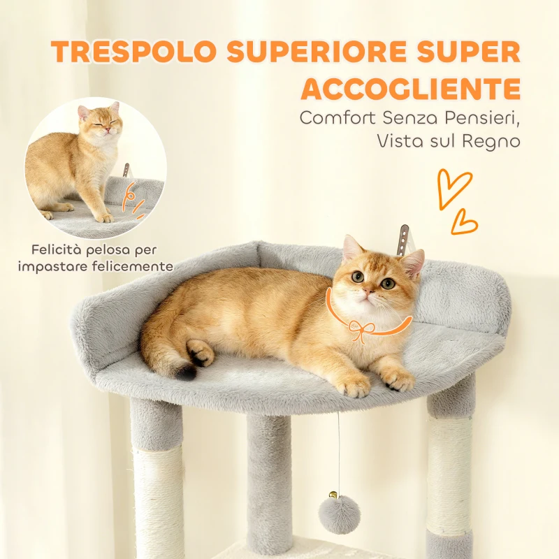 PawHut Albero Tiragraffi per Gatti con 2 Casette, Amaca, Tunnel, e Lettino, Pali in Sisal, 60x40x170 cm, Grigio