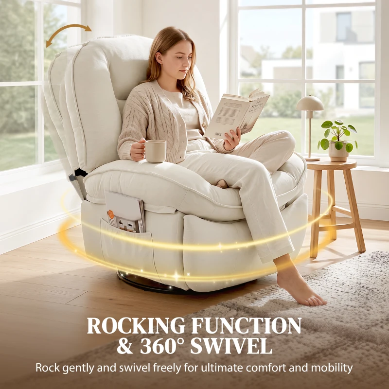 HOMCOM Fotel Relaksacyjny, Obracany Fotel z Funkcją Kołysania i Rozkładania, Głębokie Siedzisko, Grube Oparcie, Łatwy Montaż, Kremowy