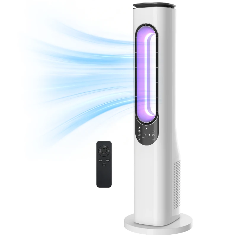 HOMCOM Ventilador de Torre sin Aspas con Luces LED Control Remoto 3 Velocidades 3 Modos Temporizador 15H Oscilación 50° Blanco