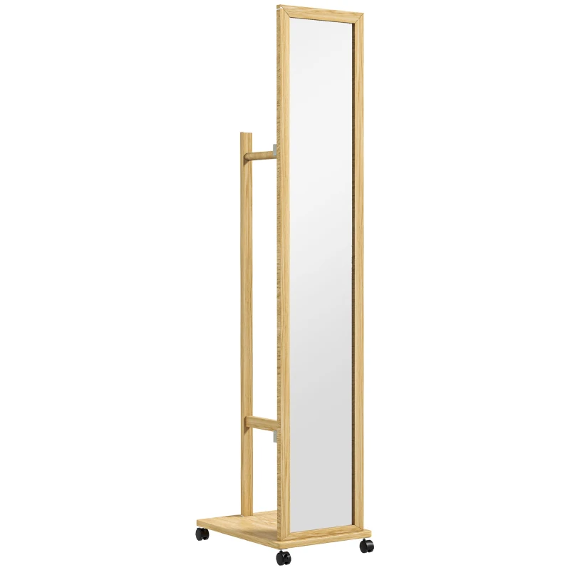 HOMCOM Miroir sur pied avec roulettes et multi-rangements 1 tringle portant 1 étagère inférieure en bois coloris naturel