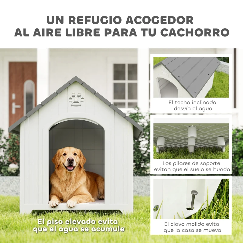 PawHut Caseta para Perros Exterior Casa para Perros Grandes de Plástico con 2 Ventanas Base Elevada Estacas Gris