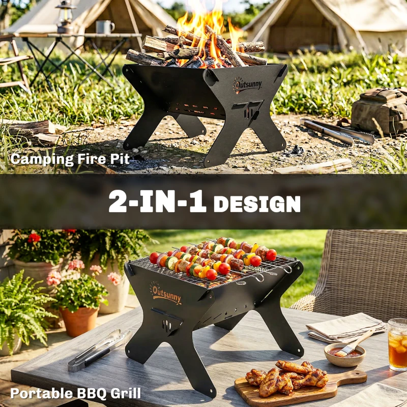 Outsunny 2-In-1 Portable BBQ Grill and Camping Fire Pit, Tabletop Charcoal Barbecue Grill with Gripper, Gloves and Carry Bag