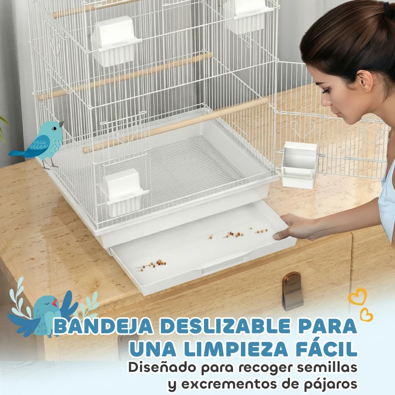 PawHut Jaula para Pájaros de Acero con Comederos Perchas Columpio y Bandeja Extraíble 50,5x41x104 cm Blanco