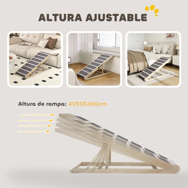 PawHut Rampa para Perros Plegable y Altura Ajustable 41-60 cm Rampa para Mascotas de Madera con Alfombrilla Antideslizante