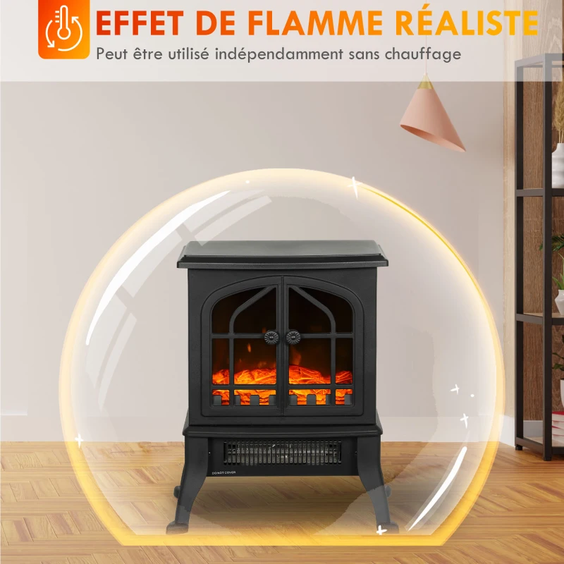 HOMCOM Cheminée électrique avec effet flamme 3D, 1800/900 W, fausse cheminée décorative, thermostat réglable, 39x24x48cm, noir