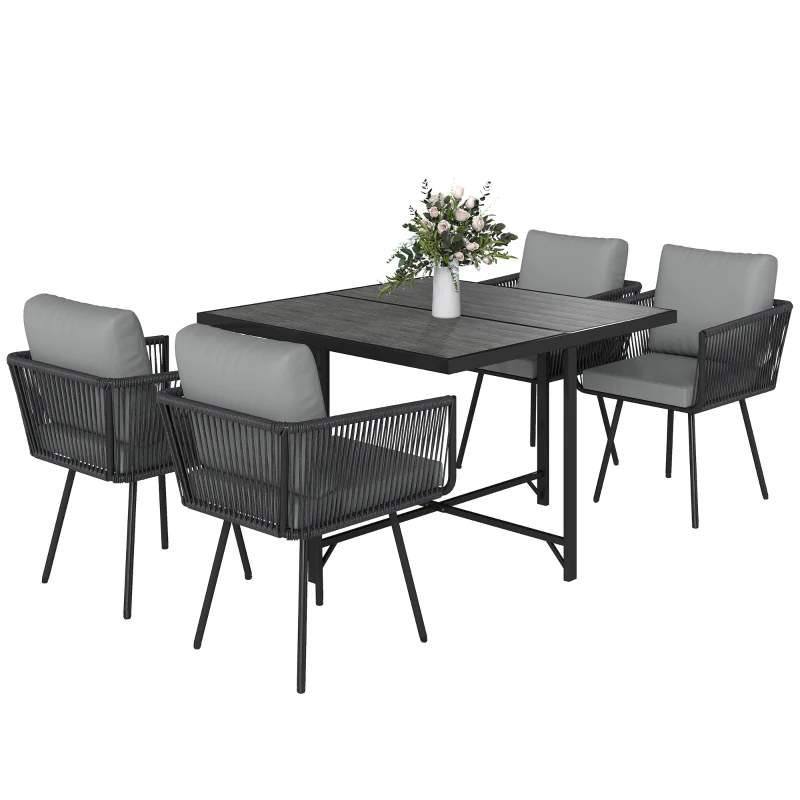 Outsunny 5 Piece Garden Furniture Set, Garden Dining Set with Wood-Plastic Table and 4 Armchairs, Light Grey