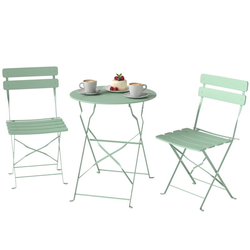 Outsunny Conjunto de Jardín Plegable con 2 Sillas Plegables Mesa Redonda Estructura Metálica Electrofórica para Balcón Verde