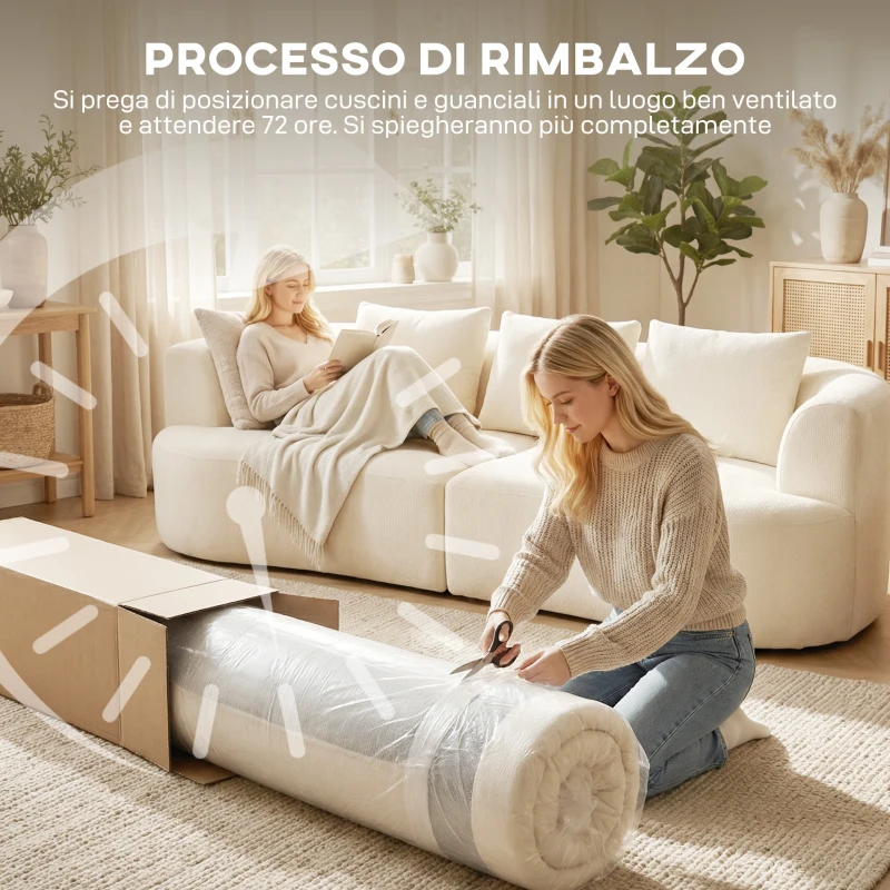 HOMCOM Divano modulare 3 posti con seduta ampia e cuscini in chenille, 260 cm, Crema