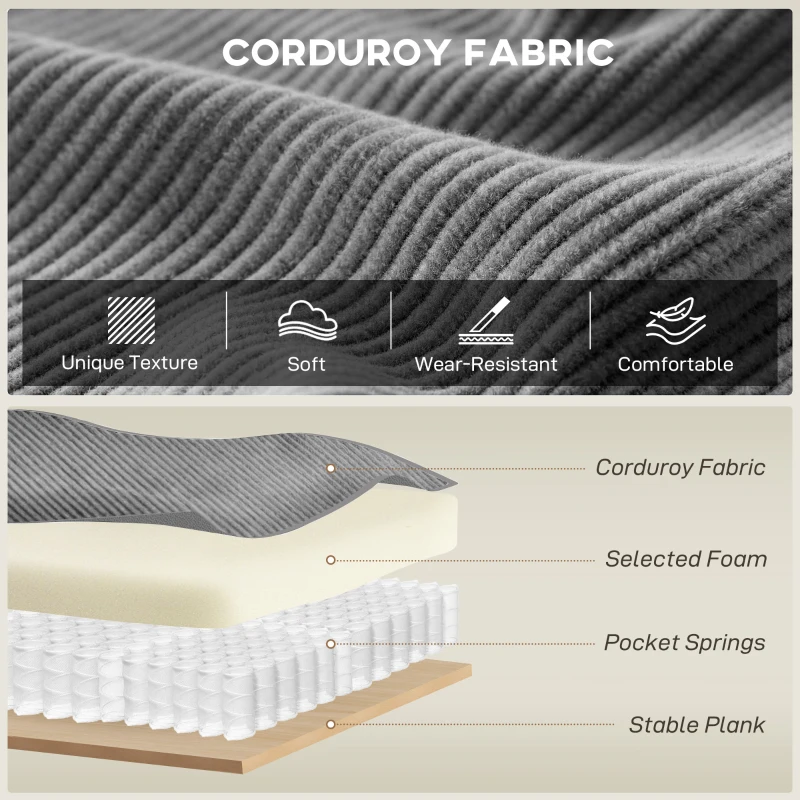 HOMCOM 218 cm 3-osobowa sofa, nowoczesna sofa w stylu sztruksowym z sprężynami kieszeniowymi, szerokimi podłokietnikami i 2 poduszkami, jasnoszara