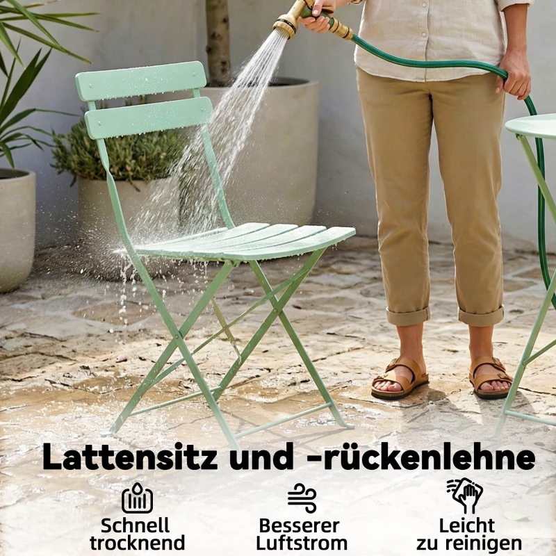 Outsunny 3-teiliges Garten Bistro Set Klappbar Bistrotisch mit 2 Stühlen Lamellen-Sitz Doppelt X-Beine Grün