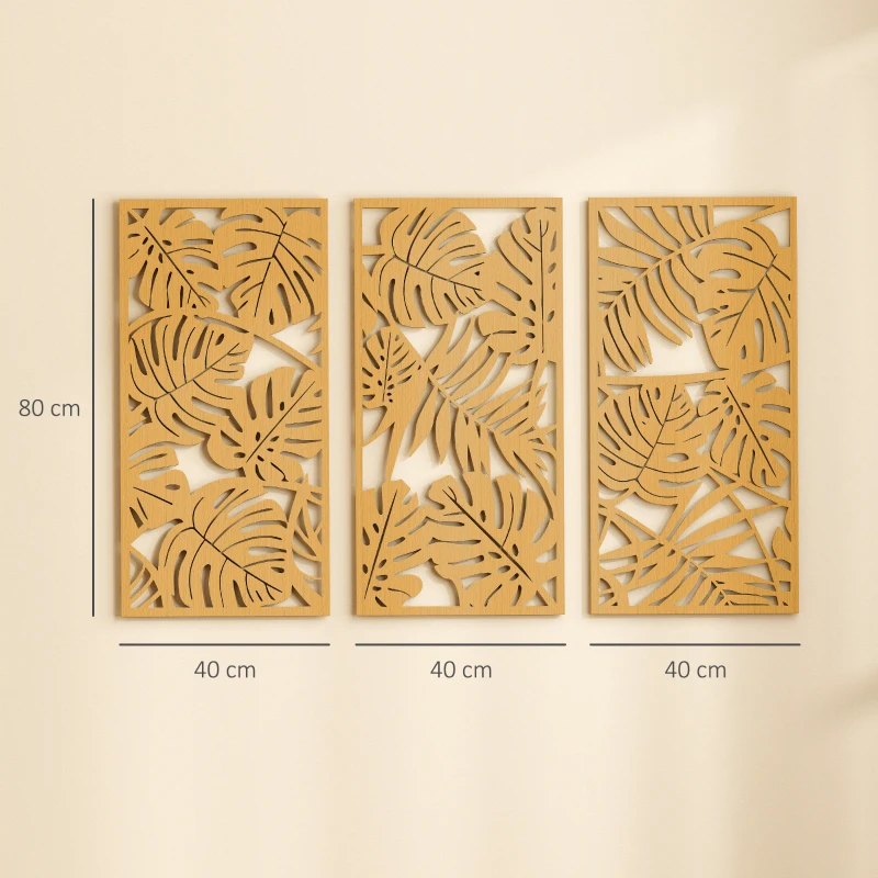 HOMCOM Decoración de Pared de Madera 3D 3 Piezas 40x80 cm Adornos de Pared con Patrón de Hojas Tropicales Madera Natural