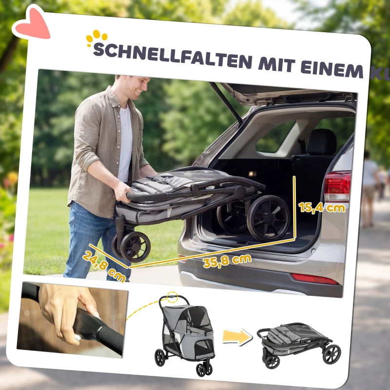 PawHut Hundewagen Faltbar Hundebuggy mit waschbarem Kissen, Netzfenstern, 3 Räder, für mittelgroße Hunde bis 20 kg, Grau