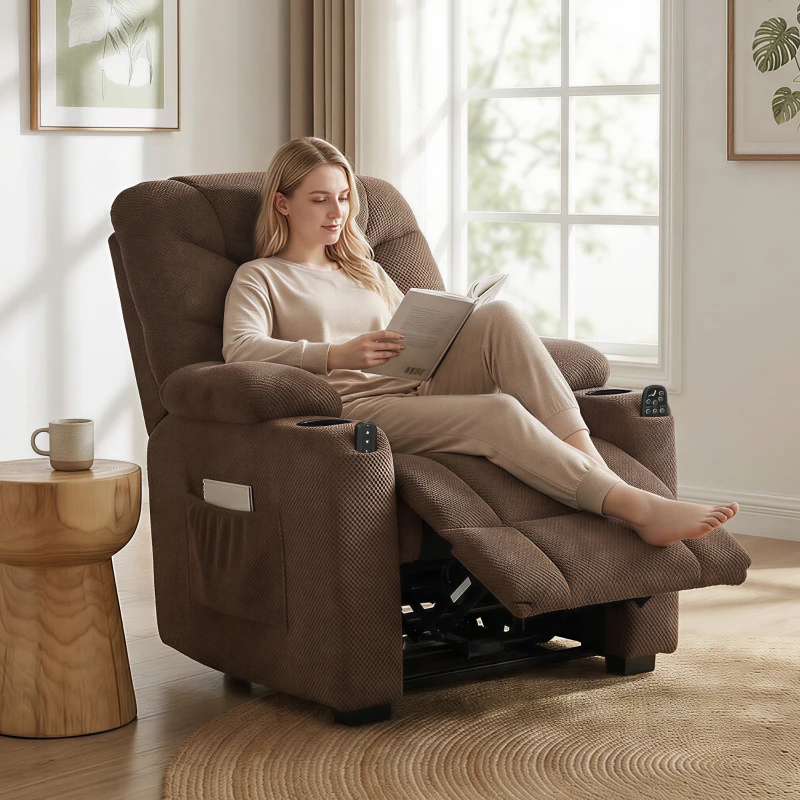 HOMCOM Electric Massage Recliner Armchair with Vibration, Heat, Whisper-Quiet Motor, Memory Function, Fleece Power Reclining Chair with Spring Pack, USB Port, Footrest, Side Pocket, Cup Holders, Brown
