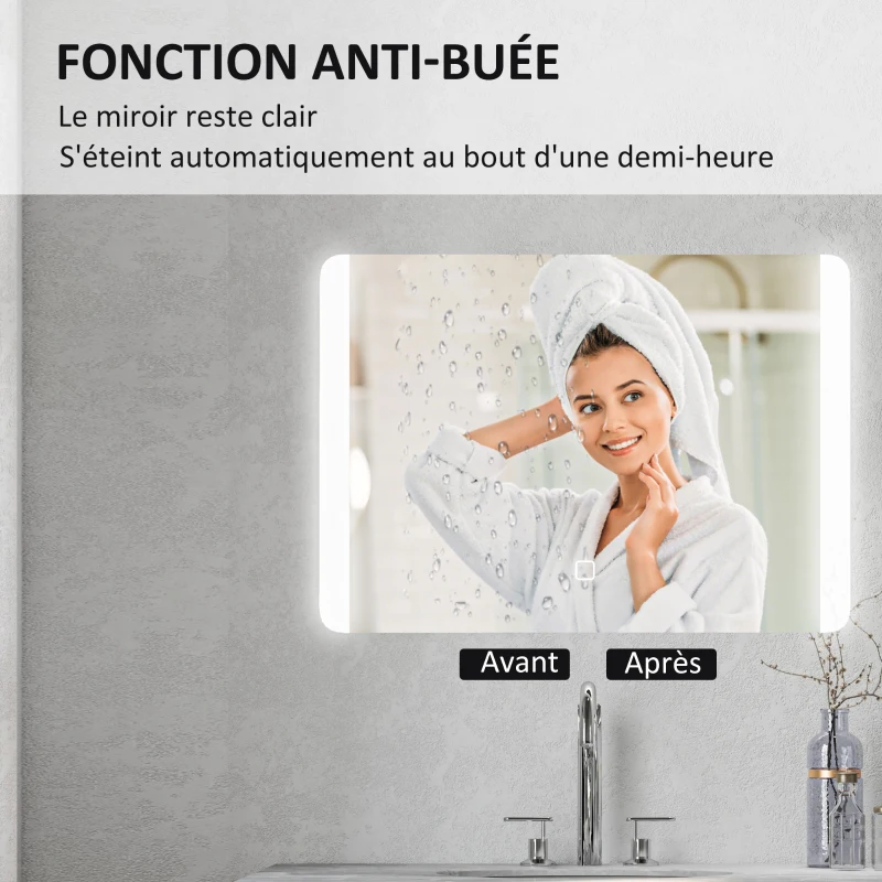 HOMCOM Miroir de salle de bain rectangulaire lumineux LED fonction anti-buée luminosité réglable 50 x 70 cm argent