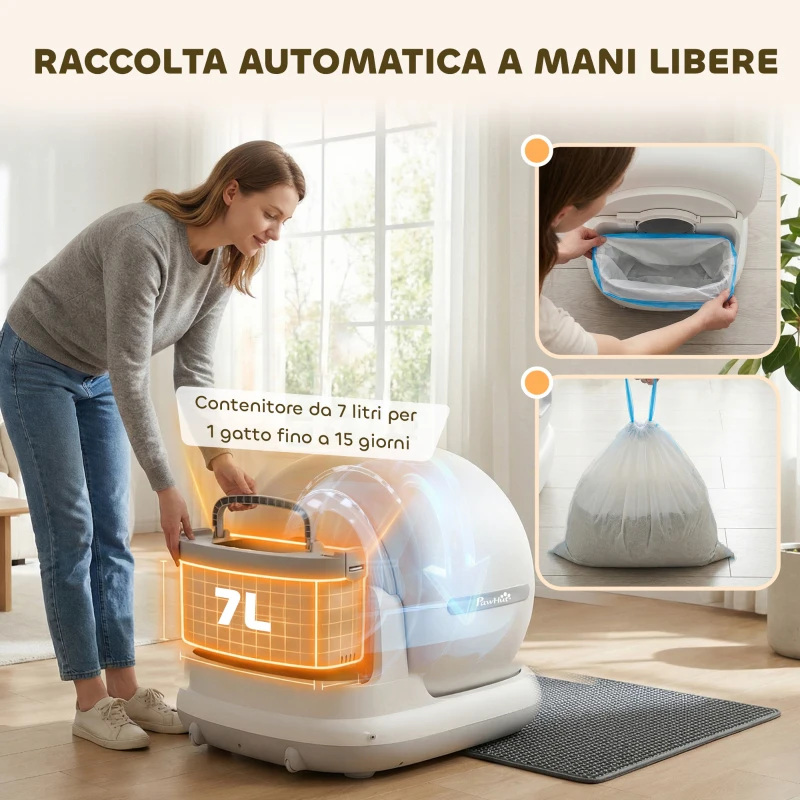 PawHut Lettiera Autopulente con Telecamera HD, Contenitore da 7L e Sensori, in PP e ABS, 58.1x47.5x53 cm, Bianco e Grigio