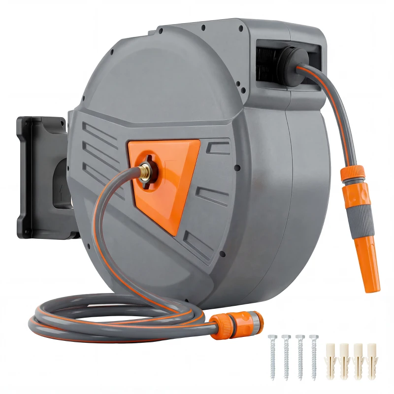 Outsunny Retractable Hose Reel Wall Mounted, 40+2m Garden Hose Pipe Reel with Auto Retraction, Self-Locking, Orange