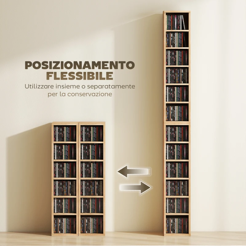 HOMCOM Set 2 Mobili Porta CD a 6 Ripiani Regolabili per 204 CD in Legno, 21x22.5x88.5 cm, Color Legno