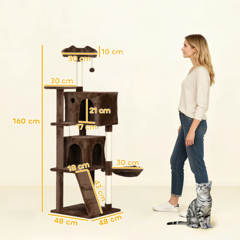 PawHut Árbol Rascador para Gatos 160 cm con Plataformas Cama 2 Cuevas Hamaca Escalera Postes de Sisal Marrón
