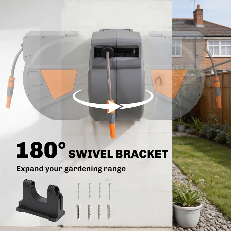 Outsunny Retractable Hose Reel Wall Mounted, 40+2m Garden Hose Pipe Reel with Auto Retraction, Self-Locking, Orange