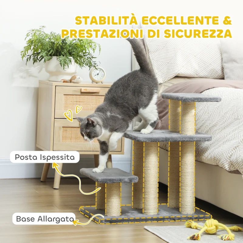 PawHut Scaletta per Cani e Gatti con 3 Scalini in Peluche e Pali Tiragraffi in Sisal, Capacità 10 kg, Grigio