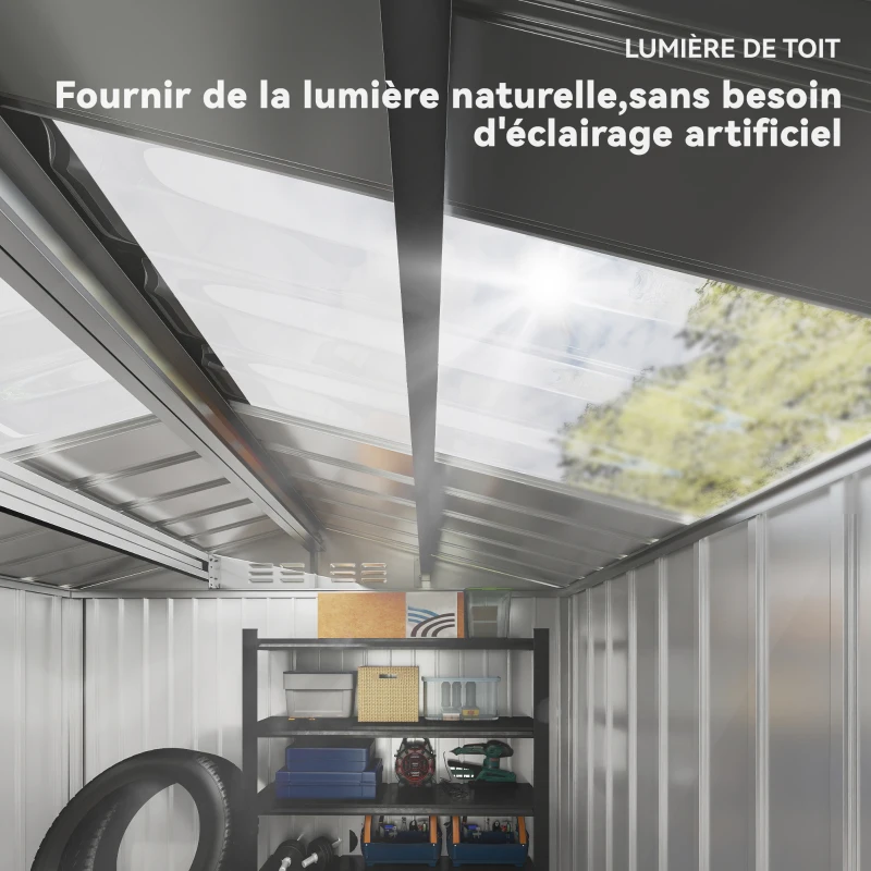 Outsunny Abri de jardin en métal 2,77 m² cabane de jardin 213 x 130 x 185 cm avec fondation, porte coulissante gris foncé