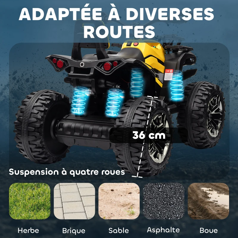 HOMCOM Quad Buggy électrique Enfant 12 V 8 Km/h Max. Voiture électrique Enfant avec Effets Lumineux sonores Selle avec Dossier Porte-Bagage Avant métal PP Jaune Noir(m-5)