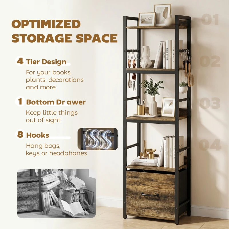 HOMCOM 4-Tier Bookshelf, Narrow Bookcase with Drawer, 8 Hooks, Metal Frame, Rustic Brown