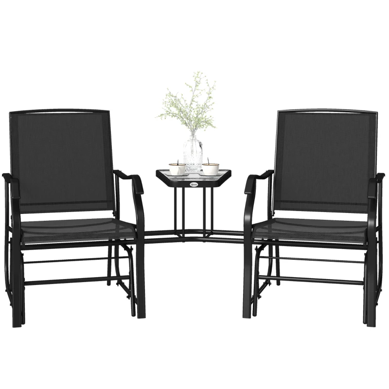 Outsunny Gliding Jack and Jill Seat, with Glass-Top Table - Black